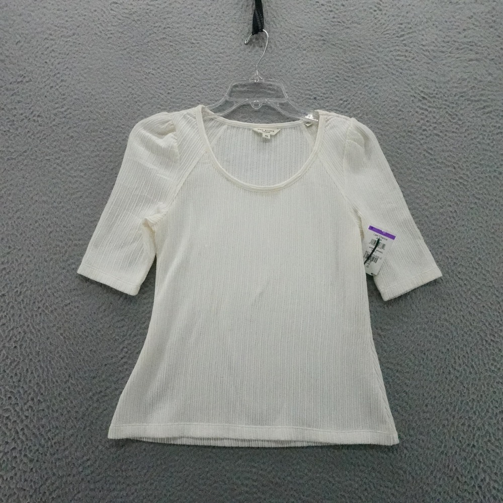 Max Studio London Womens White Ribbed Scoop Neck Puff Short Sleeve Top XS NEW